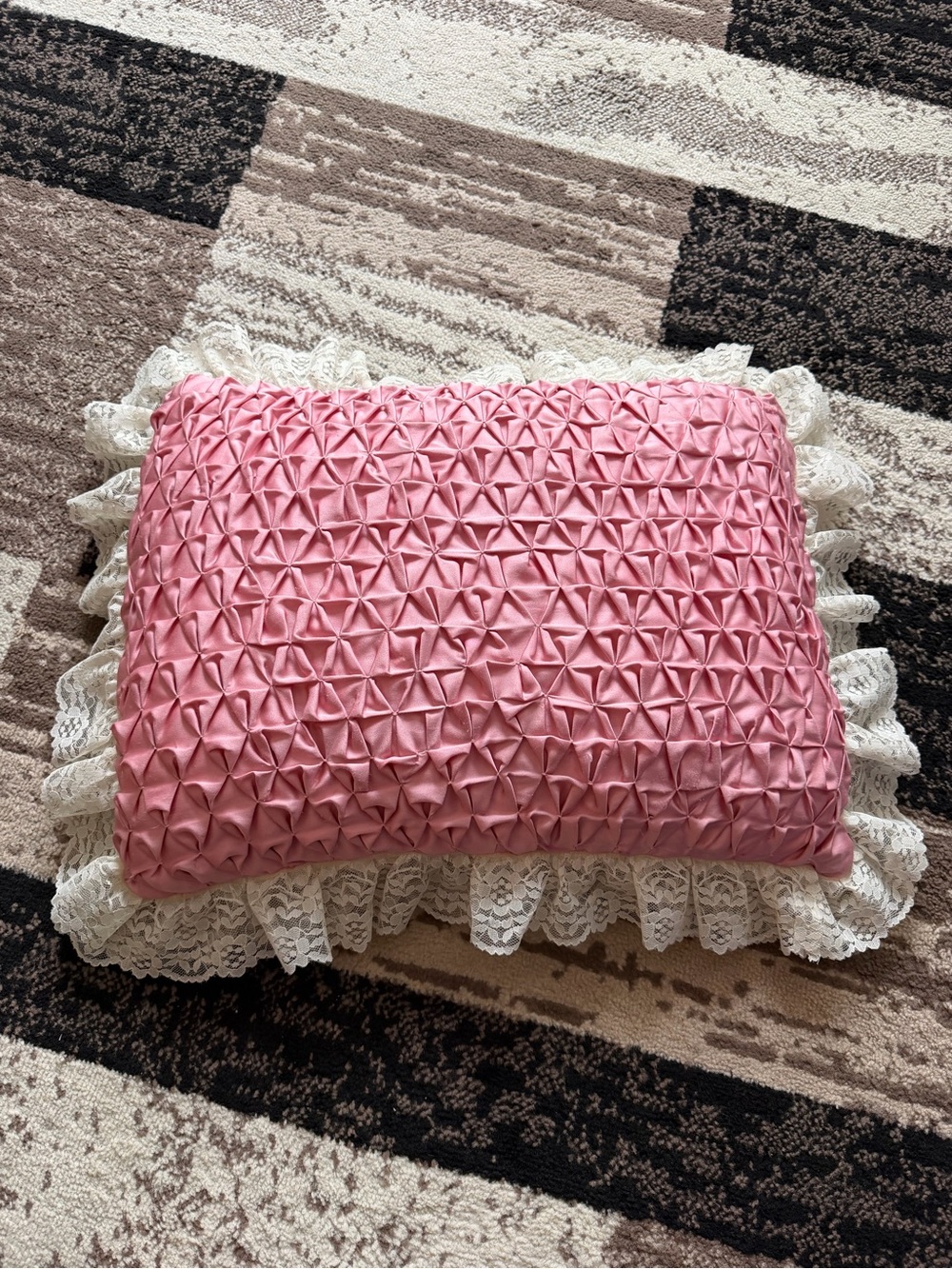 Pink Decorative Ruffled Throw Pillow with Lace Trim